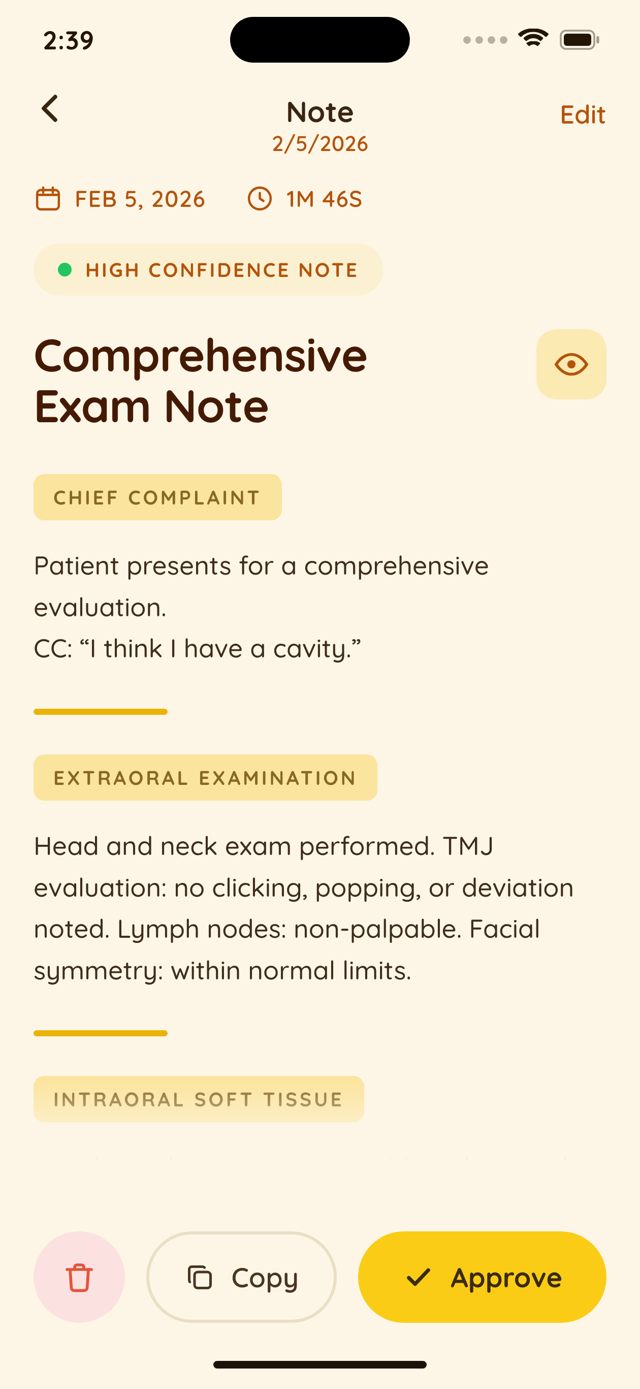 Finished comprehensive dental exam note generated by ButterNote's AI dental scribe