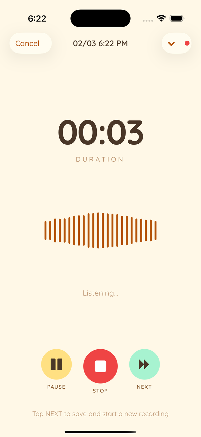 ButterNote recording screen with voice-to-text transcription