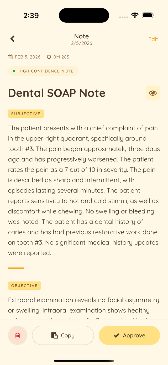 ButterNote AI-generated SOAP note for dental documentation